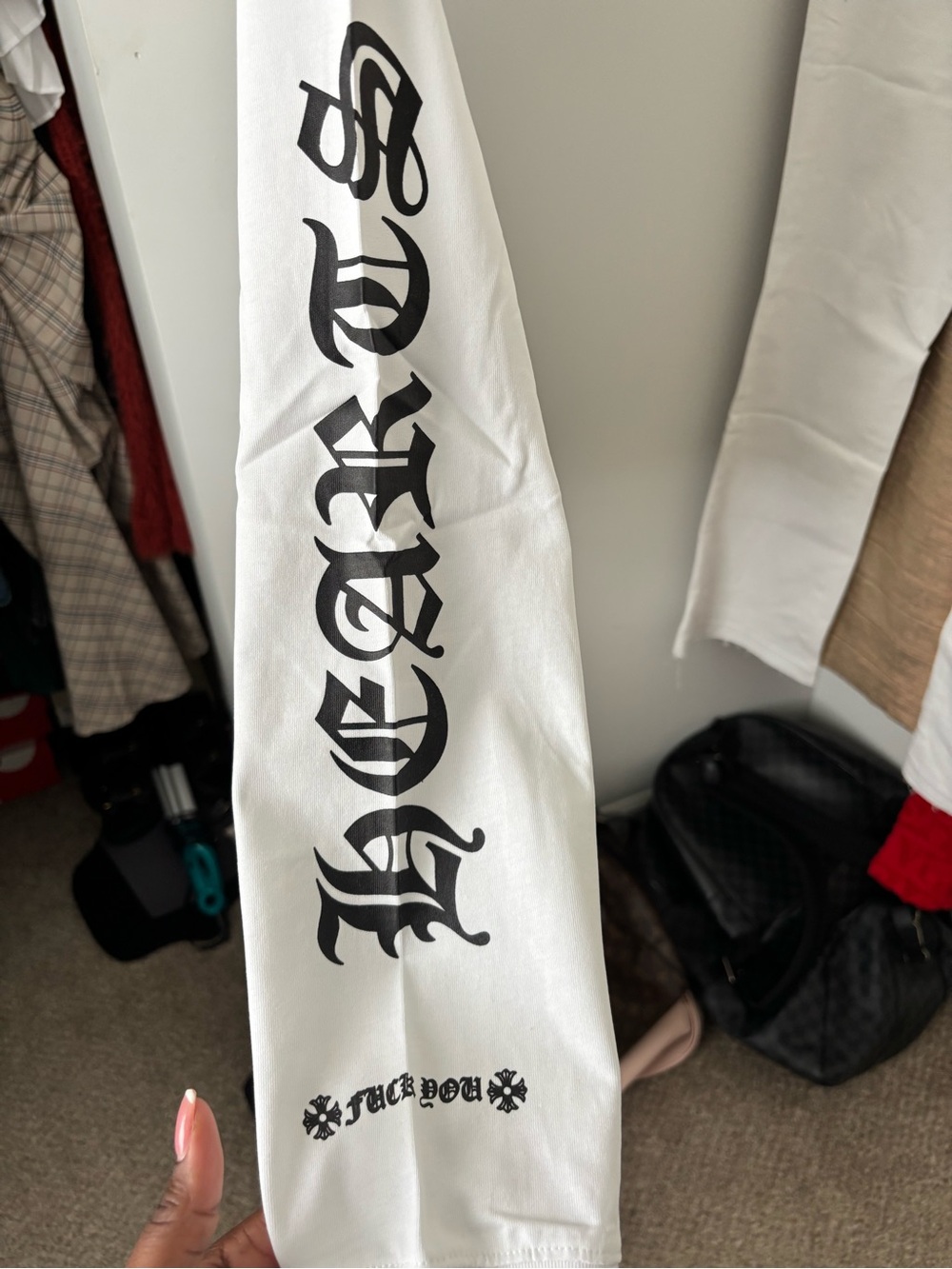 Chrome Hearts White Long Sleeve Pocket Tee with Black Gothic Sleeve Print - Picture 6 of 6